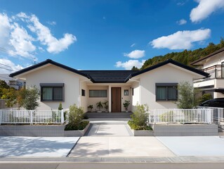 平屋の現代的な日本の住宅と青空の風景