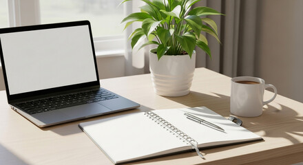 Laptop notebook pen and coffee mug on a desk near a potted plant in the office
