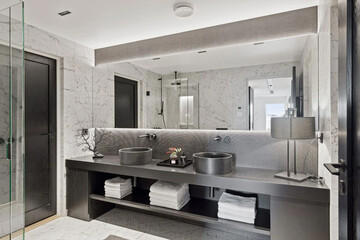 Modern bathroom interior in minimal scandinavian style, 3d render