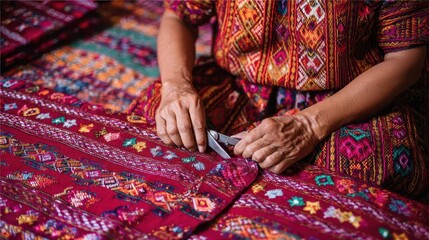 A skilled artisan meticulously cuts vibrant patterned fabric.