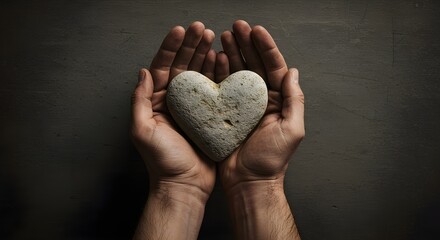 Hands gently holding a silver heart-shaped stone on white background symbolizing love and care