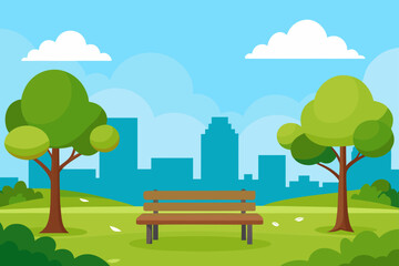 A peaceful park bench under a summer sky, with green grass and a solitary tree, beautifully illustrating the serenity of nature