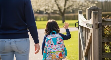A young girl with a backpack waving goodbye to parent near a wooden gate on a sunny day outdoors