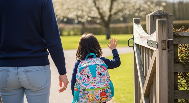 A young girl with a backpack waving goodbye to parent near a wooden gate on a sunny day outdoors