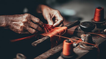 Close-up of hands working with orange threads on a loom.