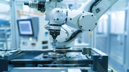 Fototapeta premium A striking close-up capturing the intricate moment of an industrial robot in action, as its precision-engineered mechanical arm extends with pinpoint accuracy to grab small, intricate precision parts.