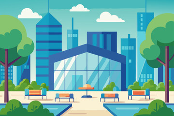 Obraz premium Urban city street landscape with modern buildings, trees, and sky