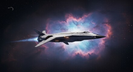 Advanced futuristic spaceship flying through a colorful cosmic nebula in deep space.
