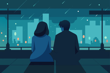 Fototapeta premium Silhouettes of business people walking through the digital night city, representing future communication and technology concepts