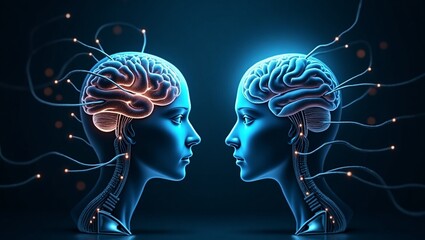 Brain Connection Concept Digital Illustration of Two Human Heads with Glowing Brains