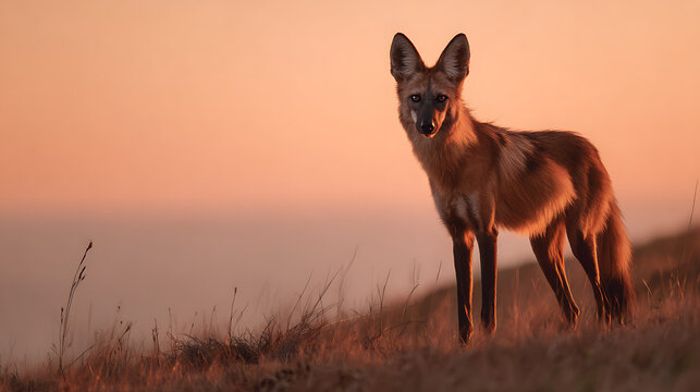A maned wolf standing on a grassy hill in South America, legs tall and ears perked, camera locked on its slender figure, background of blurred savanna and soft orange sky, cinematic wild grace.