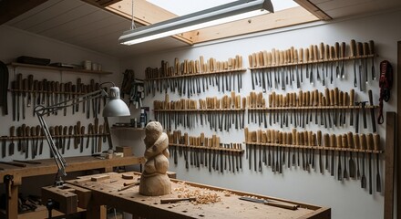 Woodworking shop interior featuring a carved sculpture and tool-lined walls