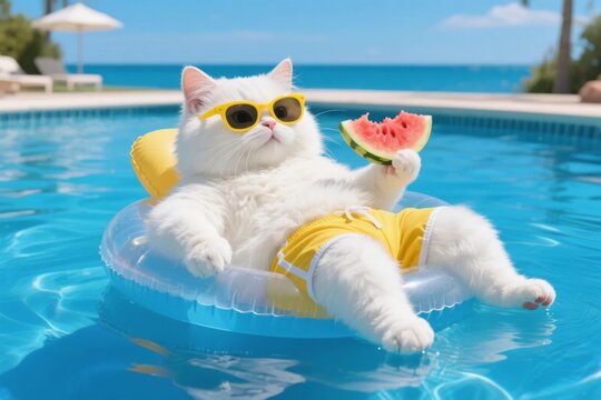 White cat wearing sunglasses and shorts, lounging on a float in a pool with a watermelon slice.