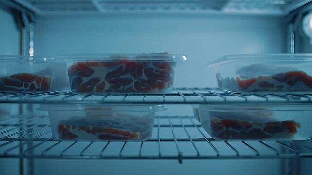 Meat cuts sit in plastic containers inside a chilling refrigeration unit, bright blue