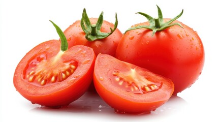 Fresh Red Tomatoes with Water Droplets, Whole and Sliced, Isolated on White Background for Culinary Use