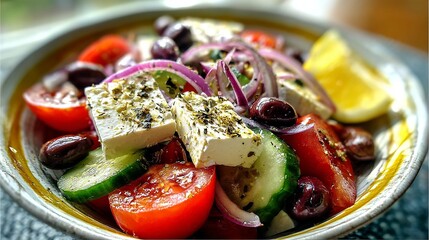Closeup of a vibrant Greek salad with feta, tomatoes, cucumbers, and olives