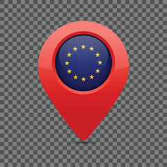 European Union flag pin for marking locations on maps and navigation systems. Vector illustration. 