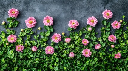Pink flowers with lush green leaves on grey backdrop