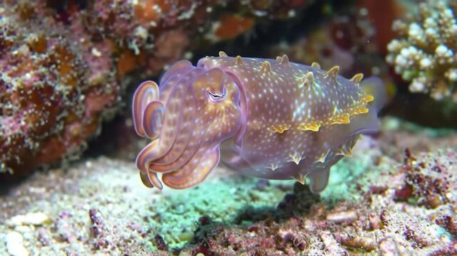 A cuttlefish with ornate skin swims near a reef