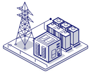 Detailed isometric view of server room infrastructure featuring cooling systems, backup power supply units, network racks, and airflow design.