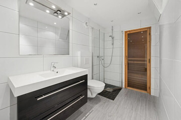 Modern bathroom interior in minimal scandinavian style, 3d render