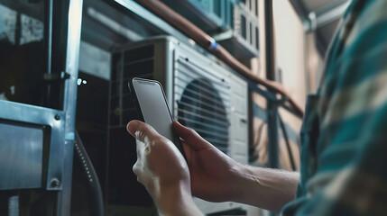 Person holding a smartphone in front of air conditioning units and metal structures indoors