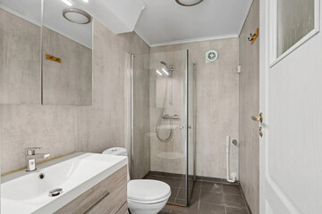 Modern bathroom interior in minimal scandinavian style, 3d render