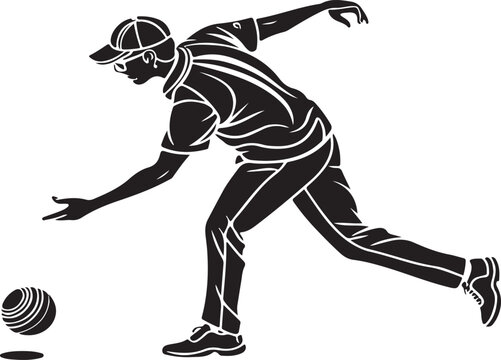 Silhouette illustration of a lawn bowls player in action ready to deliver the ball