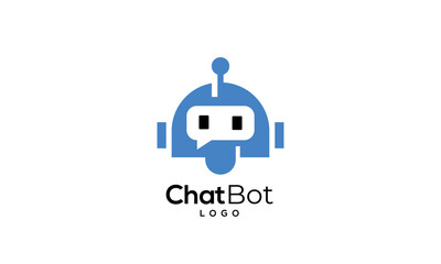 Fototapeta premium Minimal robot head inside a blue circle, featuring a speech bubble element. Chatbot logo concept for virtual assistant or customer support. Minimal vector design of a cute support bot