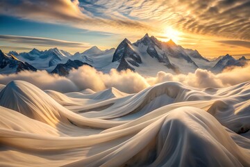 Majestic snowcapped mountains under a dramatic sunset sky