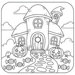 Naklejka premium Cute Halloween Haunted House with Jack-o’-Lanterns and Candy Path Coloring Page for Kids