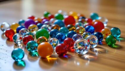 a collection of colorful glass beads arranged together, capturing their varied hues and reflective surfaces against a neutral background.