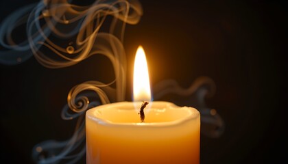 a lit candle in front of a black background with swirling smoke.