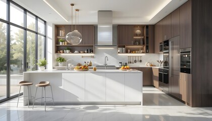 Modern kitchen design with white island wood cabinets and fruit display









 