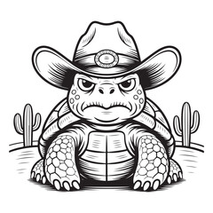 Angry turtle sheriff with cowboy hat in desert black white