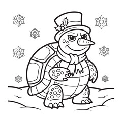 Cartoon turtle snowman with hat and scarf in winter snow