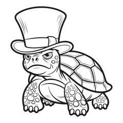 Cartoon turtle with a top hat in black and white outline