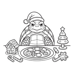 Grumpy turtle wearing santa hat with christmas decorations