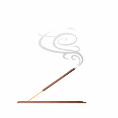 Vector illustration of a smoldering brown incense stick on a holder with elegant wisps of grey smoke.