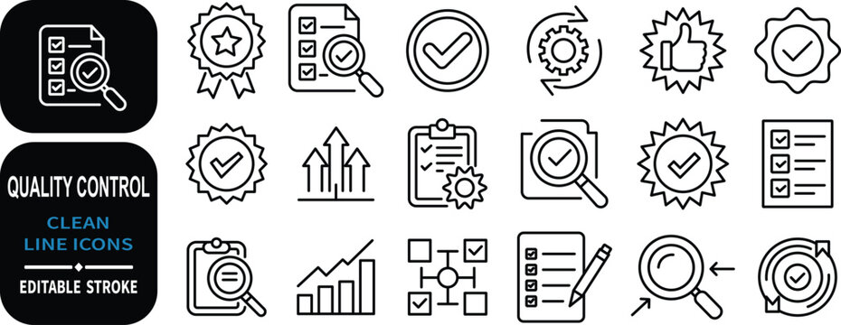 Quality control line icons for approvals checklists and progress analysis