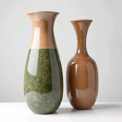 Two ceramic vases with blended brown and green tones on white surface, simple and natural home decor for hobbies and relaxation