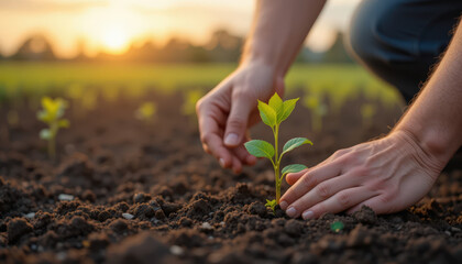 Planting new life a hands-on gardening experience at sunset outdoor environment close-up view