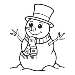 Outline illustration of a snowman with hat and scarf