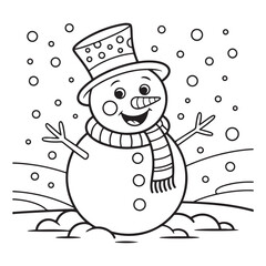 A smiling snowman wearing a hat and scarf in the snowfall