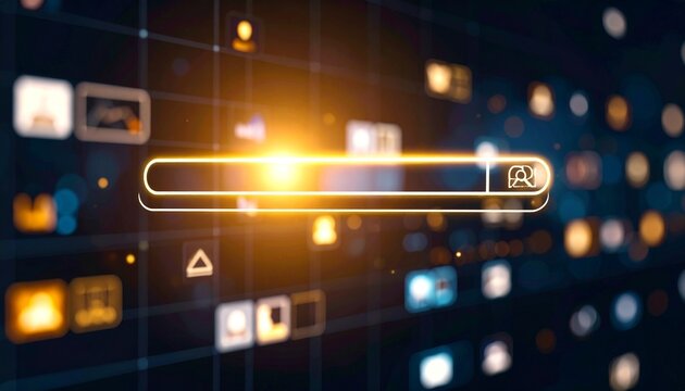 Glowing search bar floating above a grid of blurred thumbnail previews, dark background with soft light bloom from active elements 