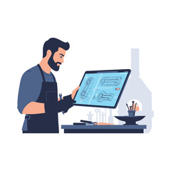 A skilled blacksmith artisan analyzes a digital blueprint on a tablet, blending traditional metalworking craft with modern technology in his workshop