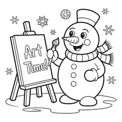 Snowman painting on canvas with snowflakes coloring page