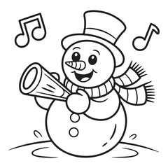 Snowman playing horn with musical notes in black and white