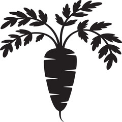 A black and white silhouette of a carrot with leaves on a white background in a simple illustration