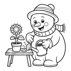 Snowman watering flower in pot on table black and white art